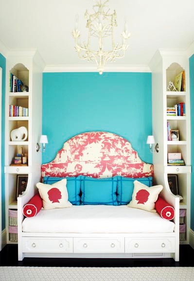 massucco warner miller toile upholstered headboard bed daybed built in white tole chandelier faux bamboo turquoise painted wall